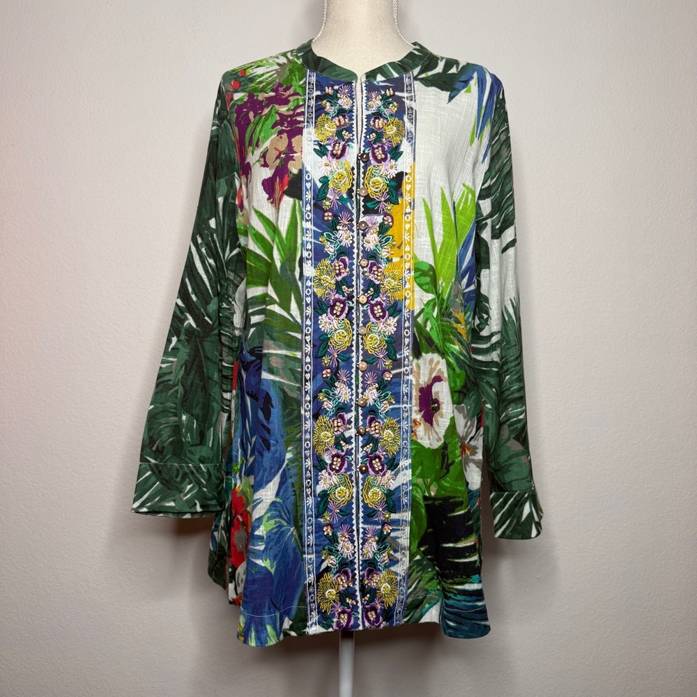 Soft Surroundings Pretty Palms Embroidered Beaded Blue Green Floral Tunic Size M